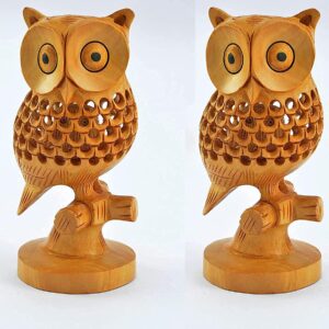 Wooden Handmade Pair of Wooden with Jali Work I Owl Set of 2 Showpiece II Good Luck Wishing Gift Ideal II Table Decor II Car Dashboard II Ullu Set for Home Decor I Lucky Charm
