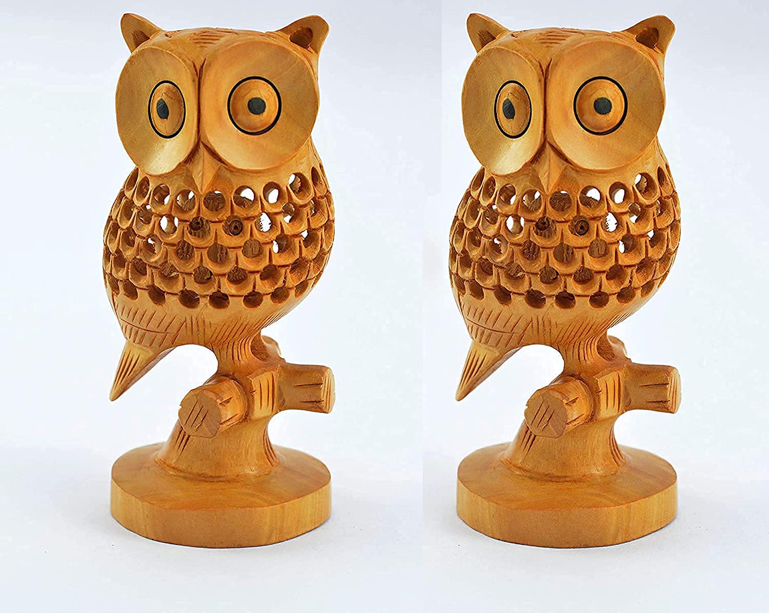 Wooden Handmade Pair of Wooden with Jali Work I Owl Set of 2 Showpiece II Good Luck Wishing Gift Ideal II Table Decor II Car Dashboard II Ullu Set for Home Decor I Lucky Charm